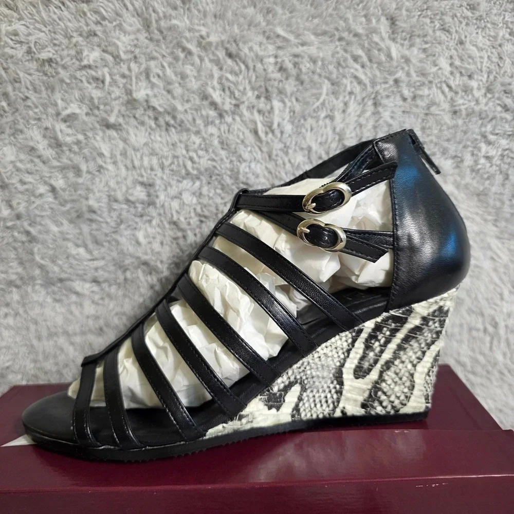 Amalfi Rangoni Black Italian Leather Snakeskin Wedge Gladiator Sandals 9.5M NEW